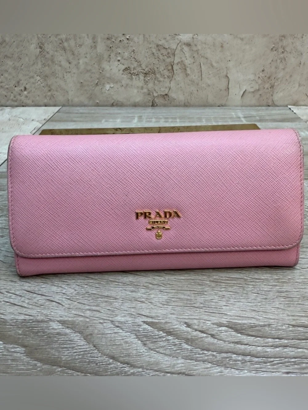 Prada Pink Saffiano Continental Wallet with Gold Logo